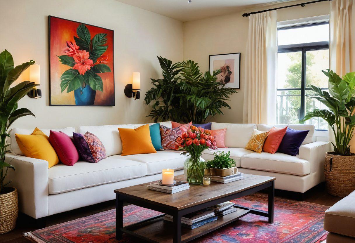 A beautifully arranged living room with lush indoor plants, colorful cushions, and warm lighting that creates a cozy atmosphere. A stylish coffee table adorned with candles and a vase of flowers invites relaxation. The walls feature vibrant artwork that speaks of joy and creativity. Soft textiles and textures enhance the seductive feel of the space. super-realistic. vibrant colors. cozy ambiance.