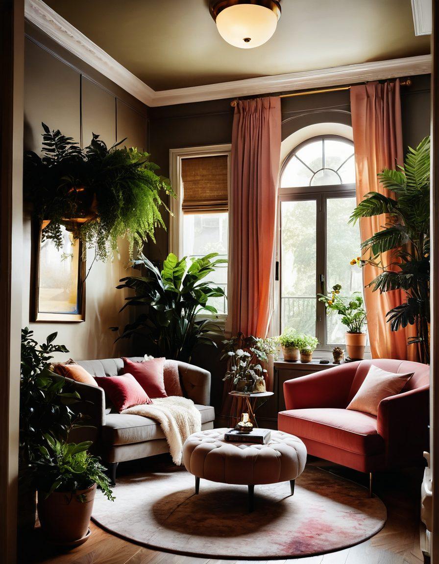 A cozy and luxurious room filled with lush plants, soft textures, and inviting lighting to create a seductive atmosphere. Include elegant furniture in rich colors and artistic decor that exudes joy and style. Incorporate a serene reading nook by a window with soft sunlight filtering in, and a hint of vibrant flowers to add a pop of color. super-realistic. warm tones. soft focus.