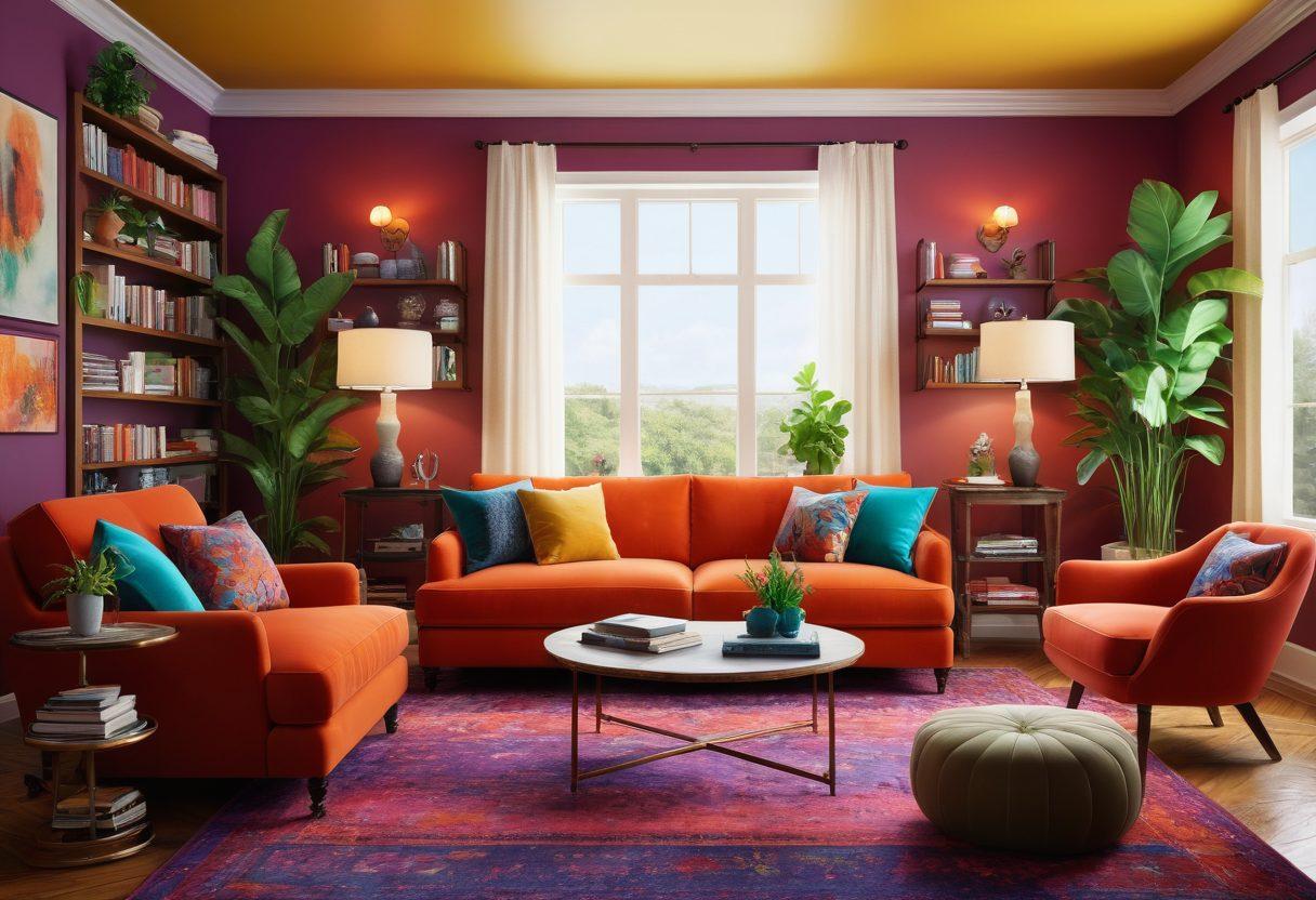A cozy living room featuring vibrant, bold colors with plush furniture, warm lighting, and decorative plants creating an intimate atmosphere. Include personal touches like art pieces and bookshelves filled with books, symbolizing transformation from ordinary to extraordinary. The scene should evoke warmth and comfort, inviting the viewer to envision themselves in such a space. super-realistic. vibrant colors. warm lighting.